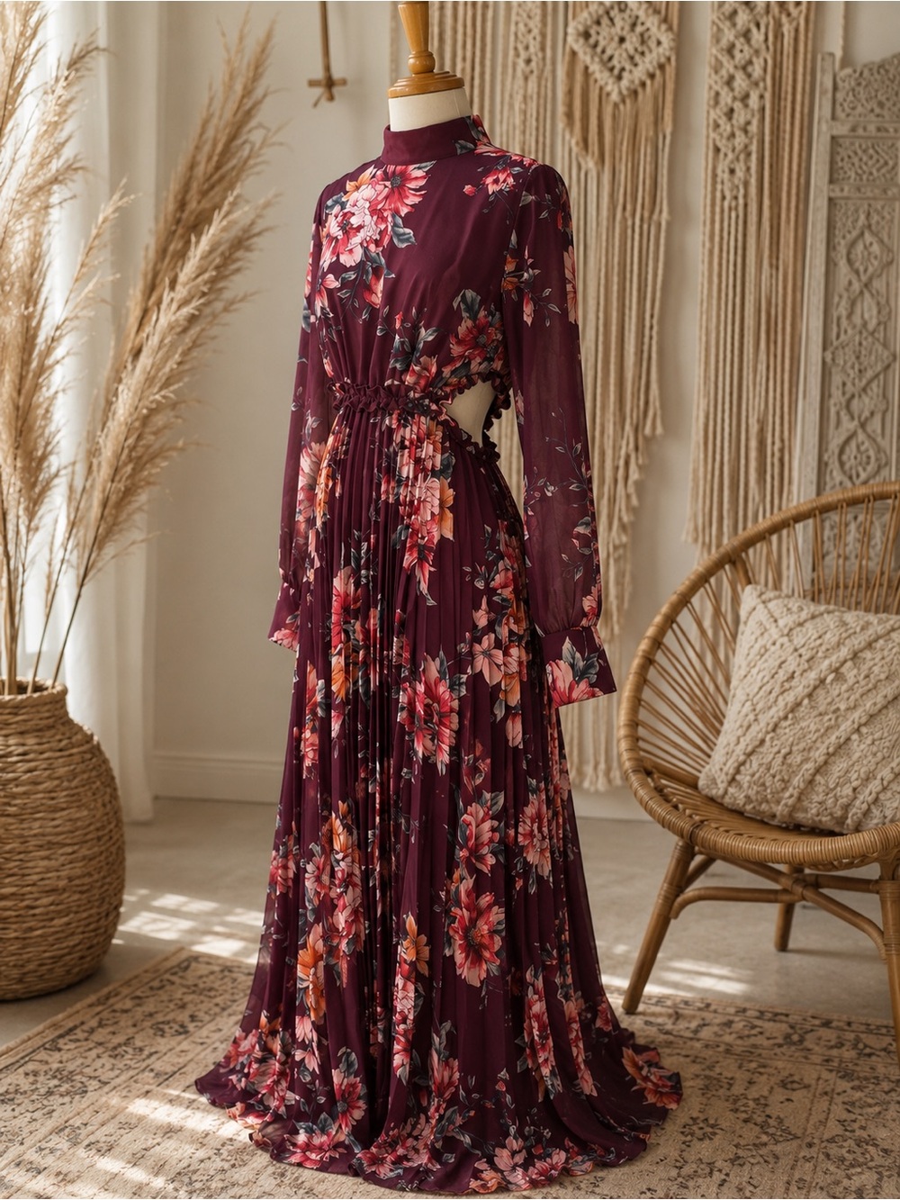 VICI Burgundy Floral Pleated Maxi Dress Side Cutout Romantic S fall wedding pics